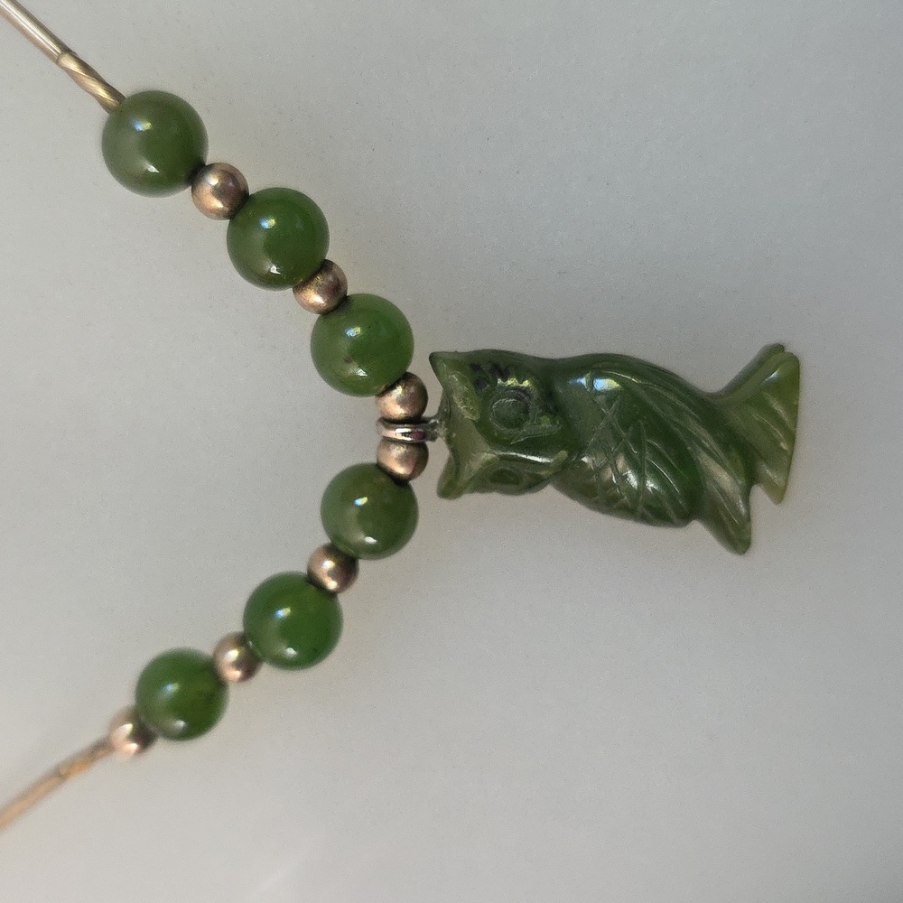 Carved Owl Sterling Silver Green Pendant Necklace